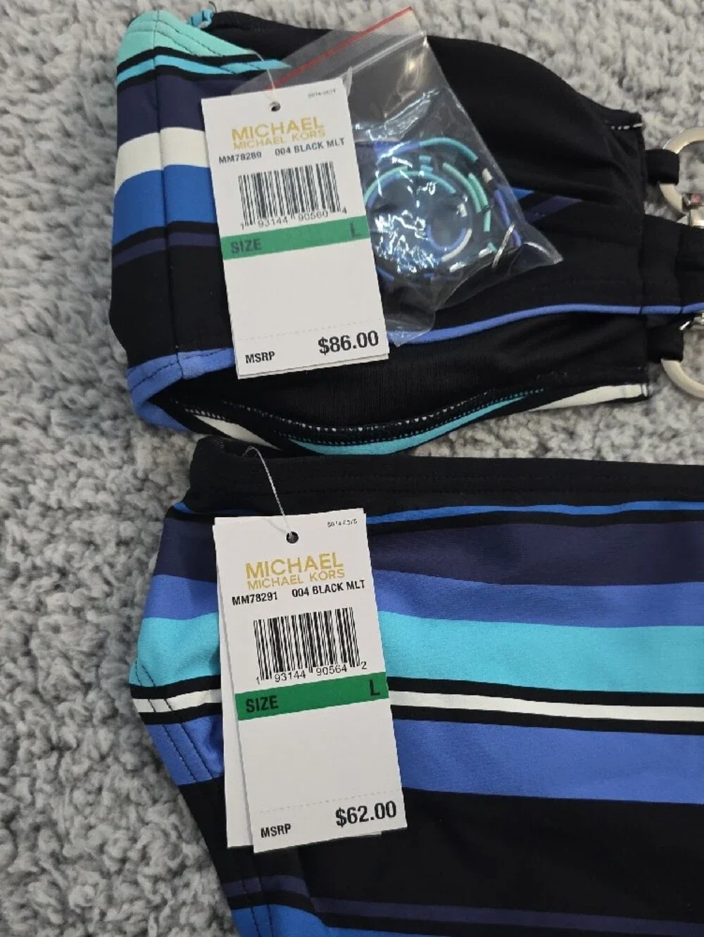 Michael Kors Black, Teal & Blue Striped Bandeau Bikini
